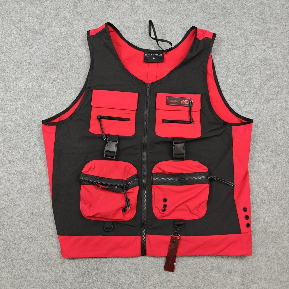 Supply & Demand Vest Mens XL Red Black Utility Full Zip Pockets Buckles Outdoor